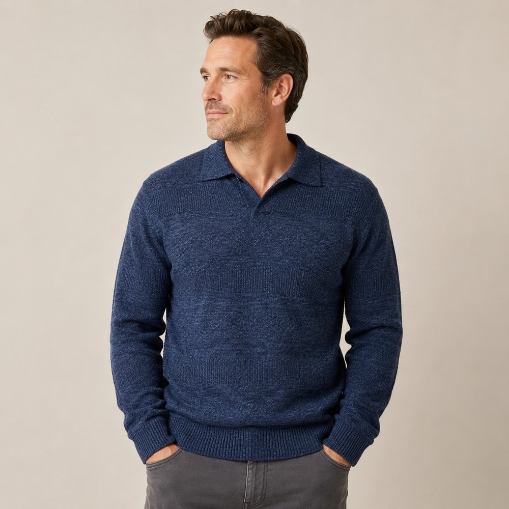 Navy Blue Textured Polo Sweater Men's Large Y2K Grandpacore Dark Academia Preppy